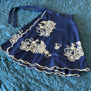 Vintage wrap skirt with cream floral embroidery and cutouts - tablecloth skirt